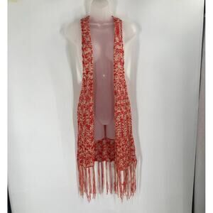 Mossimo Open Knit Crochet Orange Cream Fringe Sleeveless Duster Boho Western XS